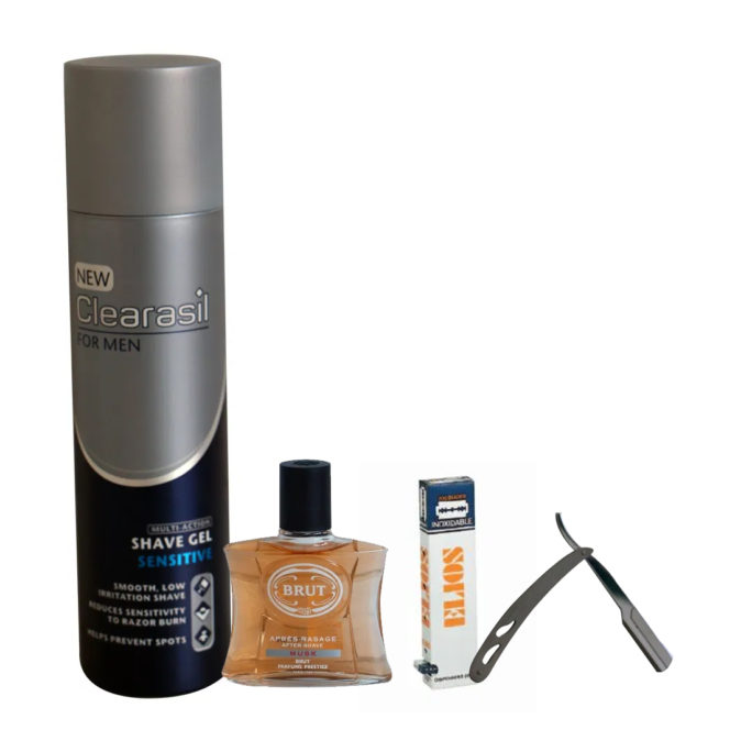 SHAVING KIT(clearasil shave gel+elios blades+brut aftershave+cutthroat)