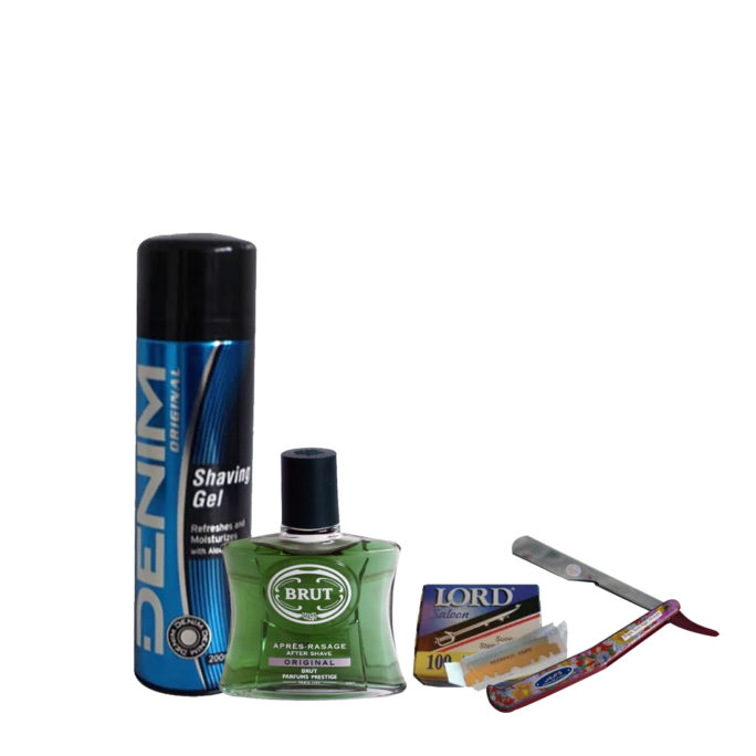 Shaving Kit (denim shaving gel,brut aftershave,Lord single edged razor blades,cut-throat)