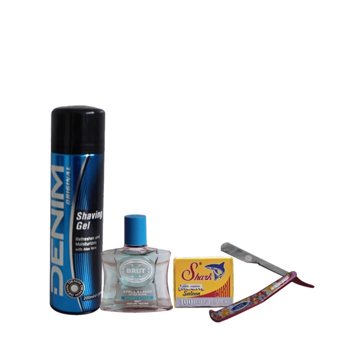 Shaving Kit (denim shaving gel,brut aftershave,shark razors,cut-throat)