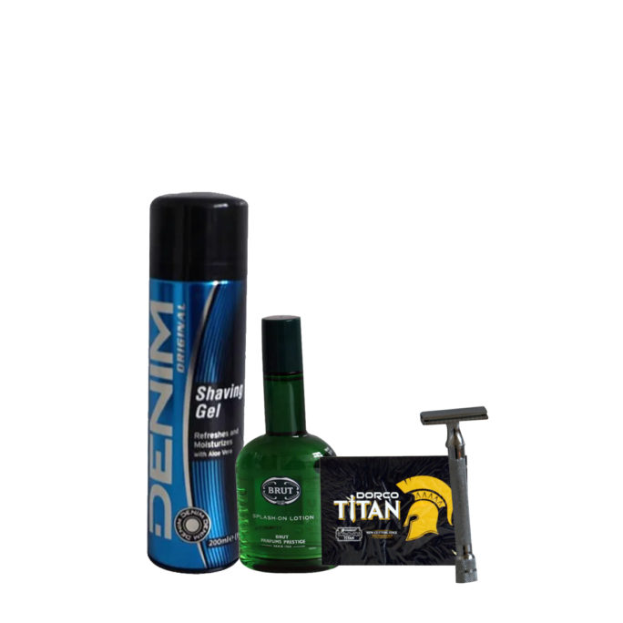 Shaving Kit (denim shaving gel,brut splash on aftershave,titan razor blades,safety razor)