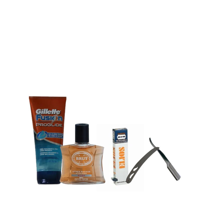 Shaving Kit (gillette proglide gel,brut aftershave,elios razor blades,steel cut-throat)