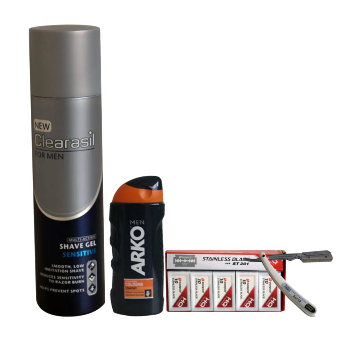 SHAVING KIT (clearasil shave gel +arko aftershave +dorco double edged razor blade +cutthroat)