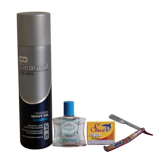 SHAVING KIT(clearasil shave gel + brut aftershave +shark singleedged razor blades + cutthroat)