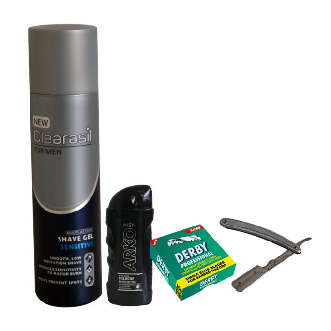 SHAVING KIT(clearasil shave gel +arko aftershave +derbysingleedged razor blade +cutthroat)