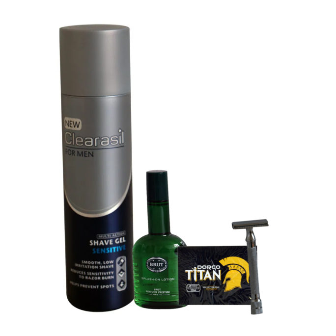 SHAVING KIT(clearasil shave gel+brut splash on aftershave+titan razor blades+silver safety razor)