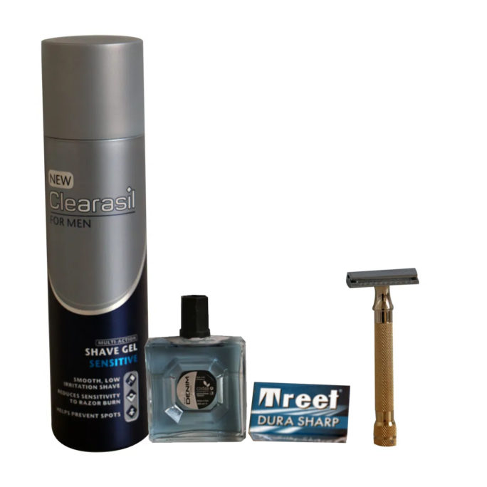 SHAVING KIT(CLEARASIL SHAVE GEL+DENIM AFTERSHAVE+GOLD SAFETY RAZOR + PACK OF DURA TREET DOUBLE EDGED RAZOR)