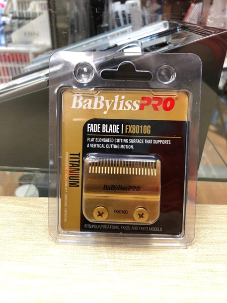 BABYLISS PRO GOLD TITANIUM REPLACEMENT FADE BLADE # FX8010G Fits FX870, FXF825, FX673 models Flat Elongated cutting surface that supports a vertical cutting motion hypoallergenic / High Strength / Lower blade temp.